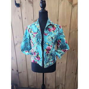 Mirette Turquoise Zebra Floral Stretch Denim Jacket, Size S, NWOT